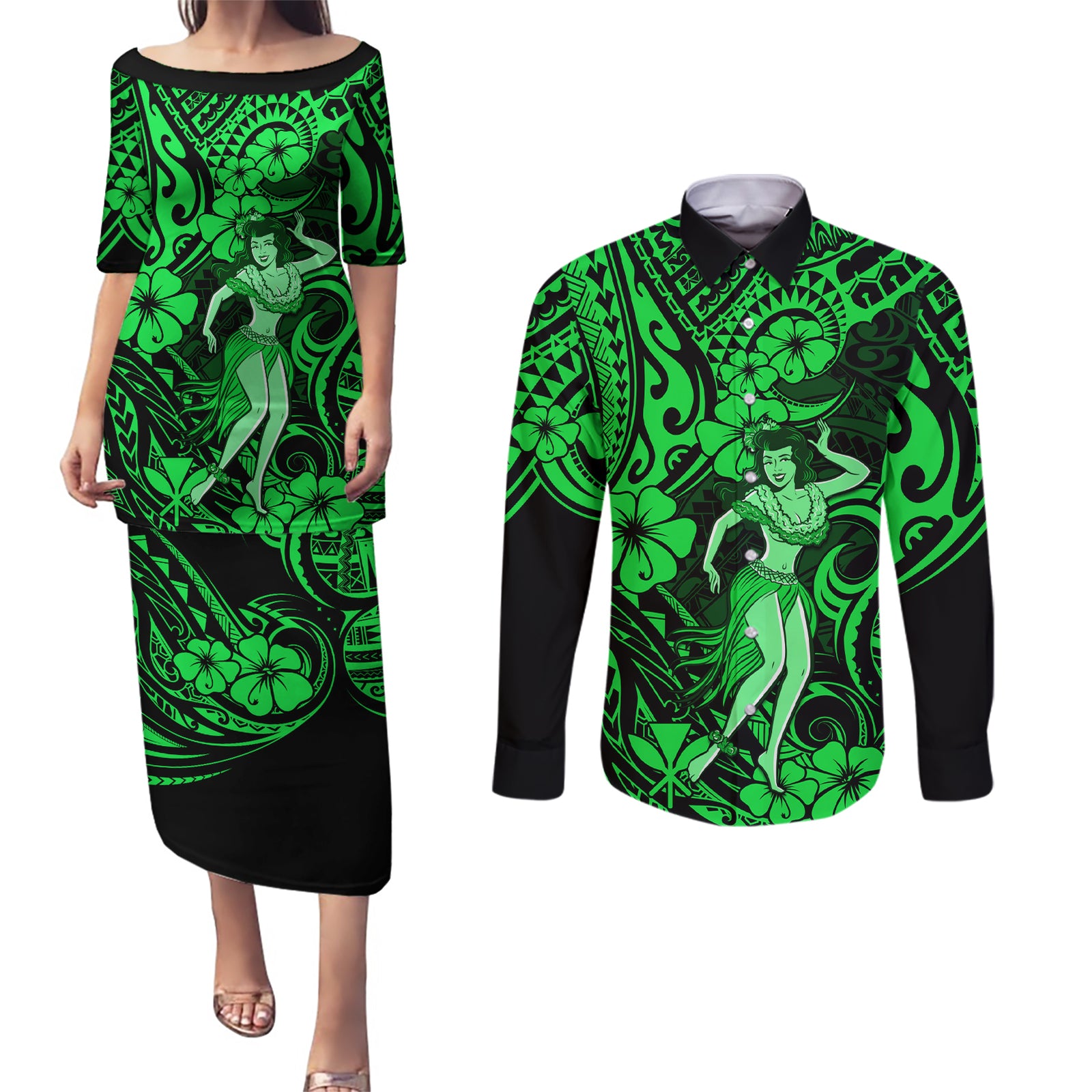 Hawaii Hula Girl Couples Matching Puletasi Dress and Long Sleeve Button Shirts Polynesian Pattern Green Version LT01 Green - Polynesian Pride