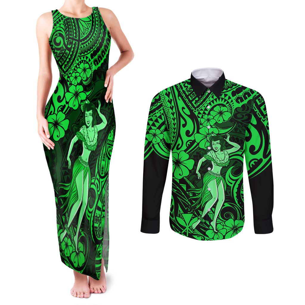 Hawaii Hula Girl Couples Matching Tank Maxi Dress and Long Sleeve Button Shirts Polynesian Pattern Green Version LT01 Green - Polynesian Pride