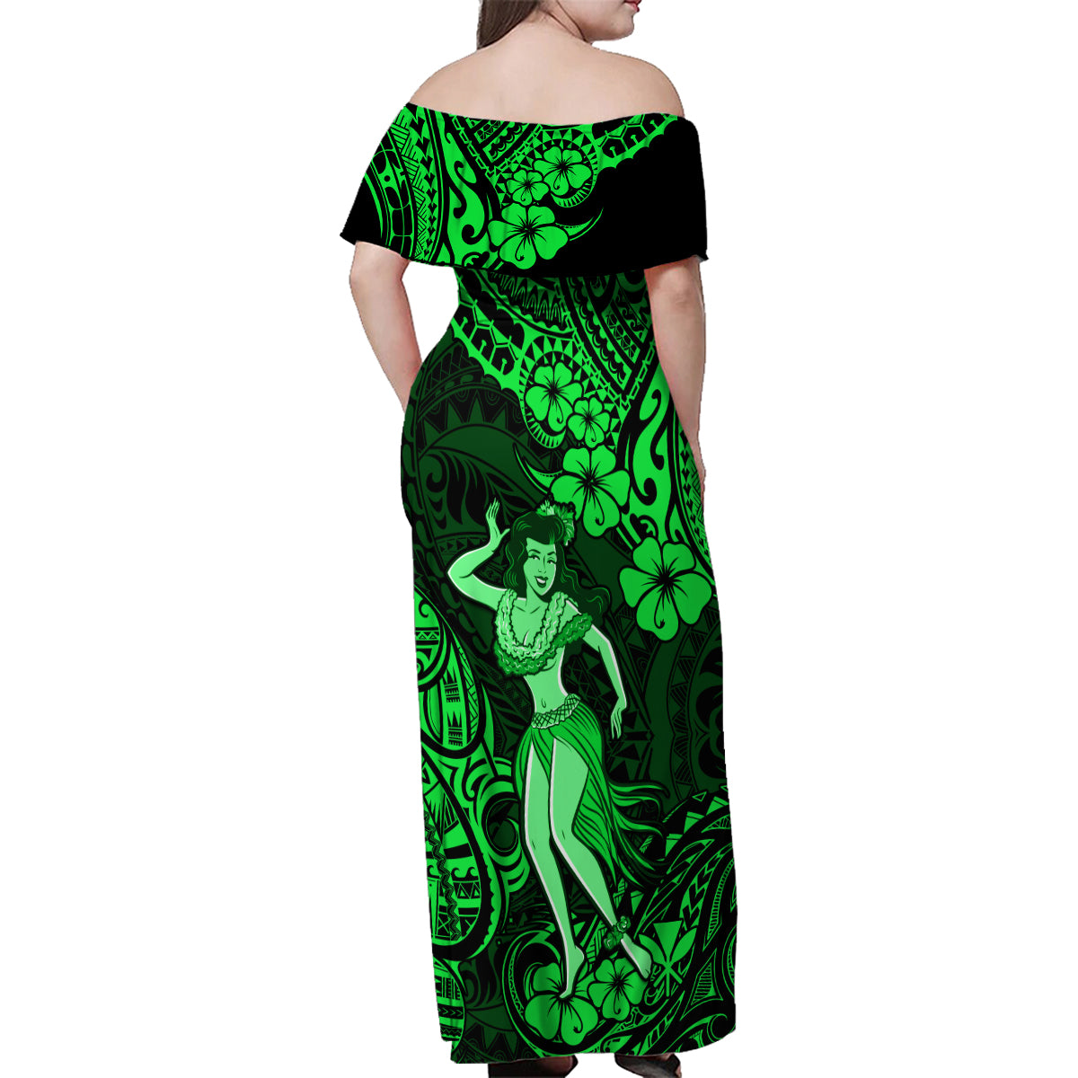 Hawaii Hula Girl Family Matching Off Shoulder Maxi Dress and Hawaiian Shirt Polynesian Pattern Green Version LT01 - Polynesian Pride