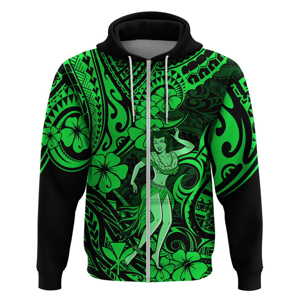 Hawaii Hula Girl Hoodie Polynesian Pattern Green Version LT01 Zip Hoodie Green - Polynesian Pride