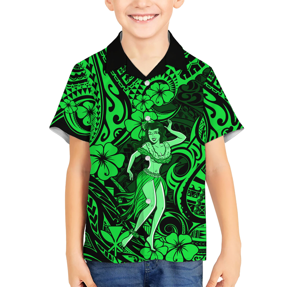 Hawaii Hula Girl Kid Hawaiian Shirt Polynesian Pattern Green Version LT01 Kid Green - Polynesian Pride