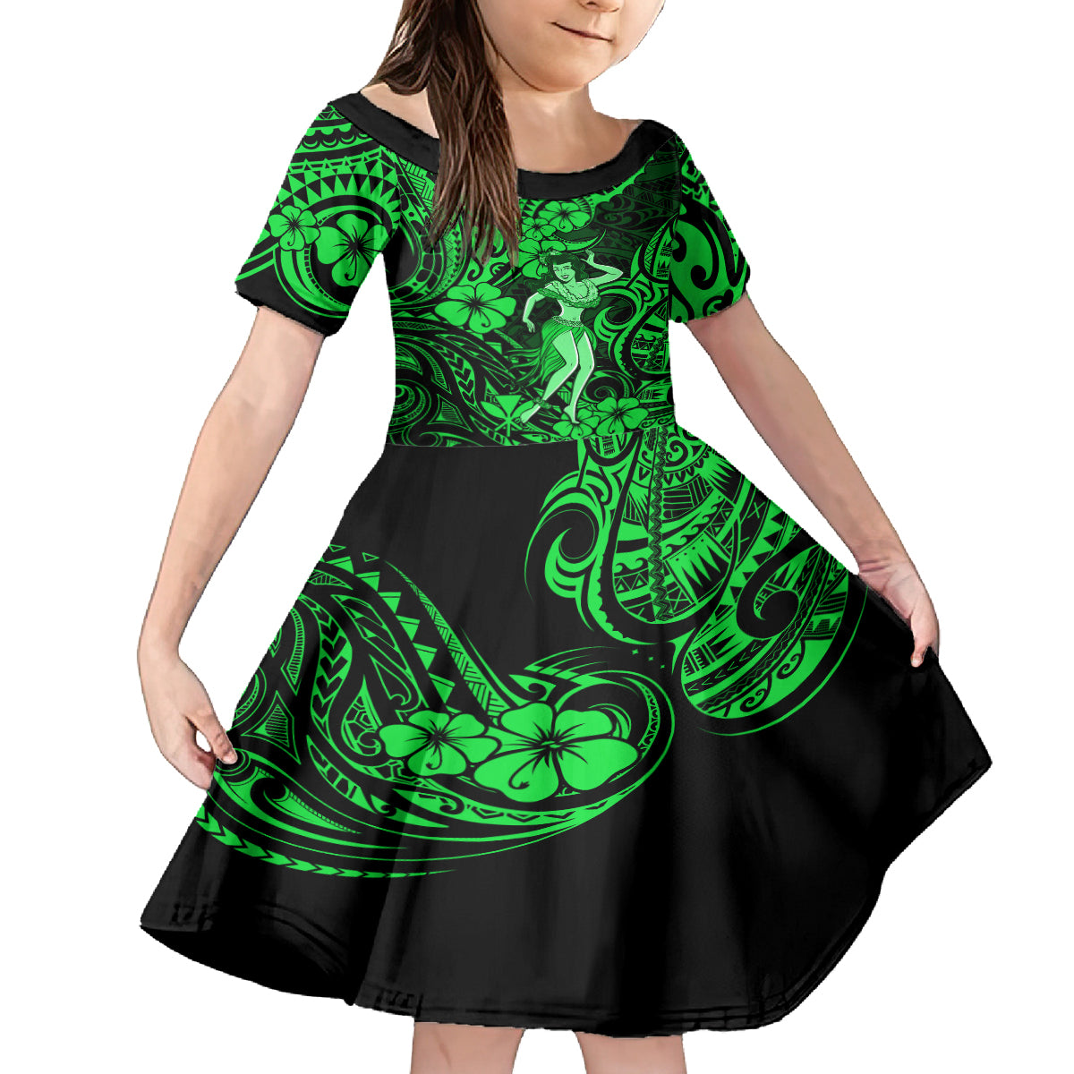 Hawaii Hula Girl Kid Short Sleeve Dress Polynesian Pattern Green Version LT01 KID Green - Polynesian Pride