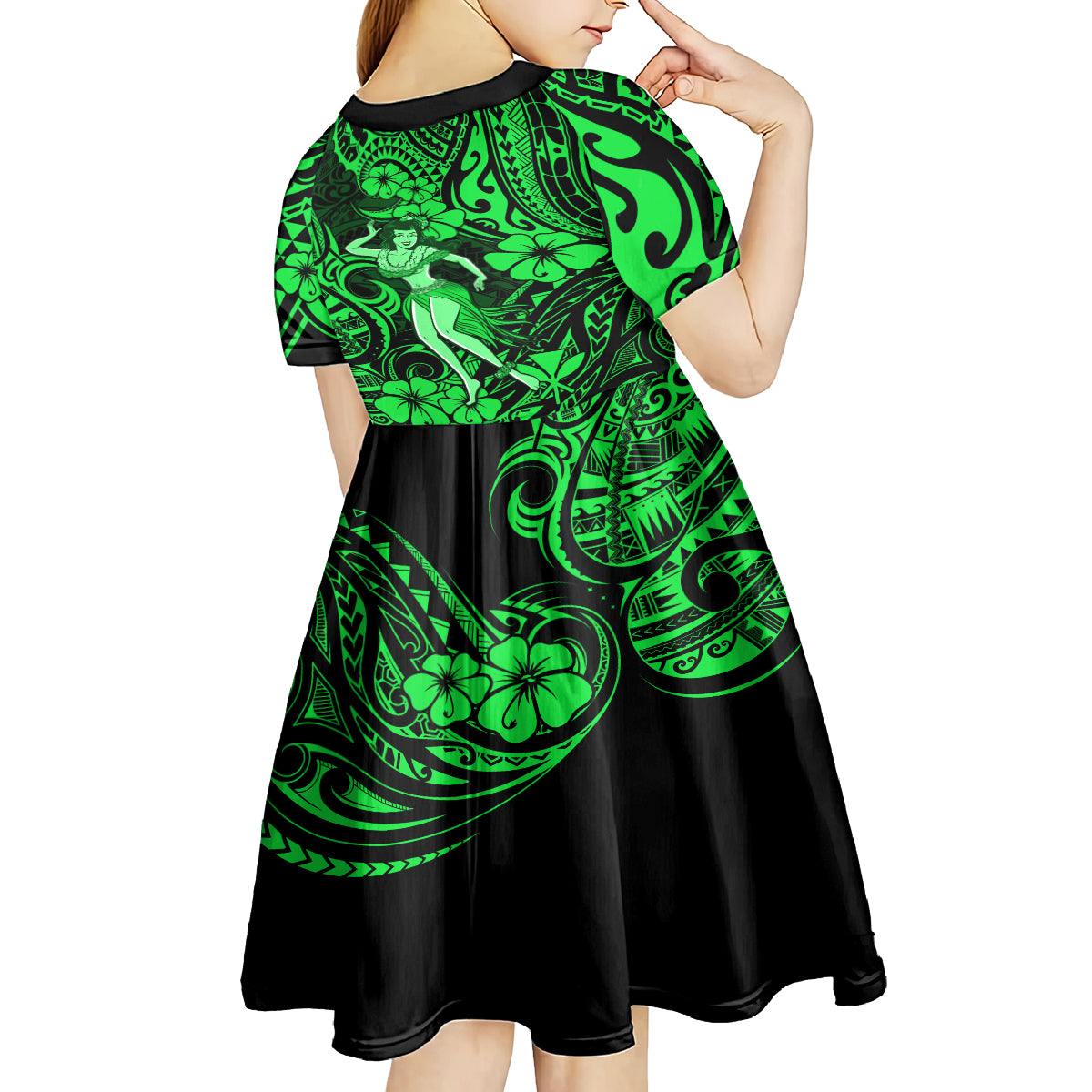 Hawaii Hula Girl Kid Short Sleeve Dress Polynesian Pattern Green Version LT01 - Polynesian Pride