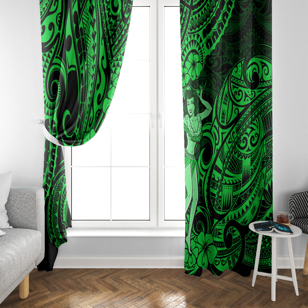 Hawaii Hula Girl Window Curtain Polynesian Pattern Green Version LT01 - Polynesian Pride