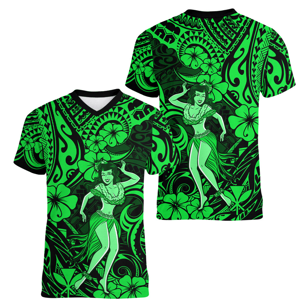 Hawaii Hula Girl Women V Neck T Shirt Polynesian Pattern Green Version LT01 - Polynesian Pride
