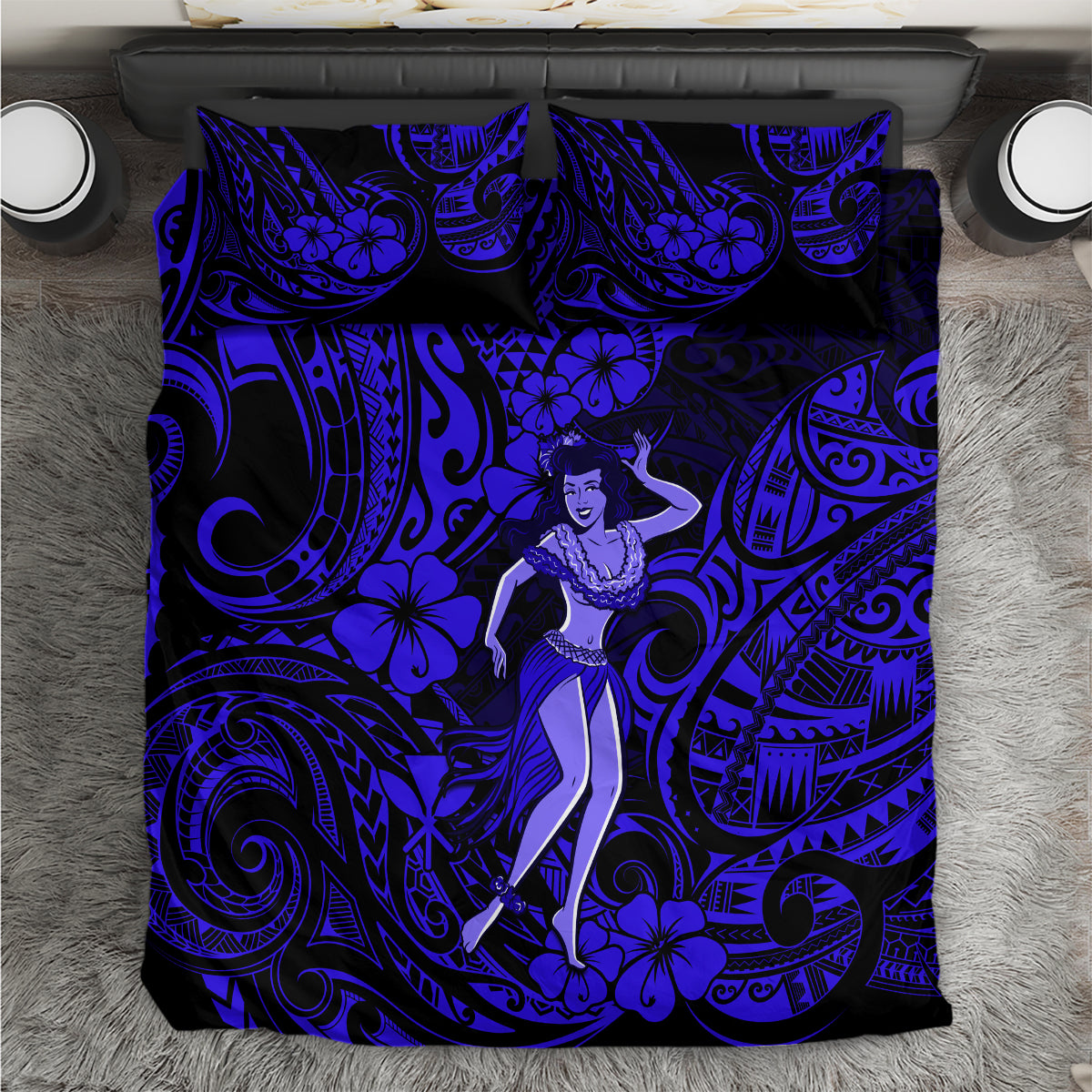 Hawaii Hula Girl Bedding Set Polynesian Pattern Navy Blue Version LT01 Blue - Polynesian Pride