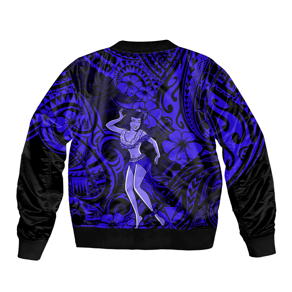 Hawaii Hula Girl Bomber Jacket Polynesian Pattern Navy Blue Version LT01 - Polynesian Pride