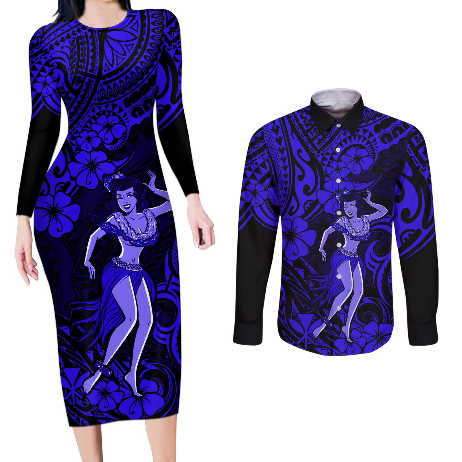 Hawaii Hula Girl Couples Matching Long Sleeve Bodycon Dress and Long Sleeve Button Shirts Polynesian Pattern Navy Blue Version LT01 Blue - Polynesian Pride