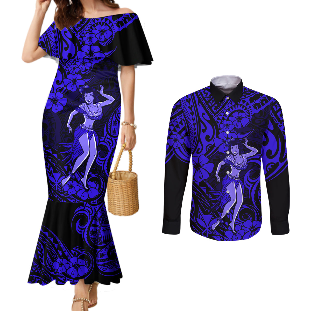 Hawaii Hula Girl Couples Matching Mermaid Dress and Long Sleeve Button Shirts Polynesian Pattern Navy Blue Version LT01 Blue - Polynesian Pride