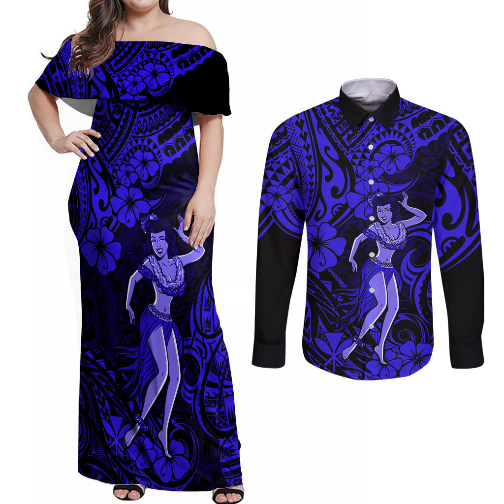 Hawaii Hula Girl Couples Matching Off Shoulder Maxi Dress and Long Sleeve Button Shirts Polynesian Pattern Navy Blue Version LT01 Blue - Polynesian Pride