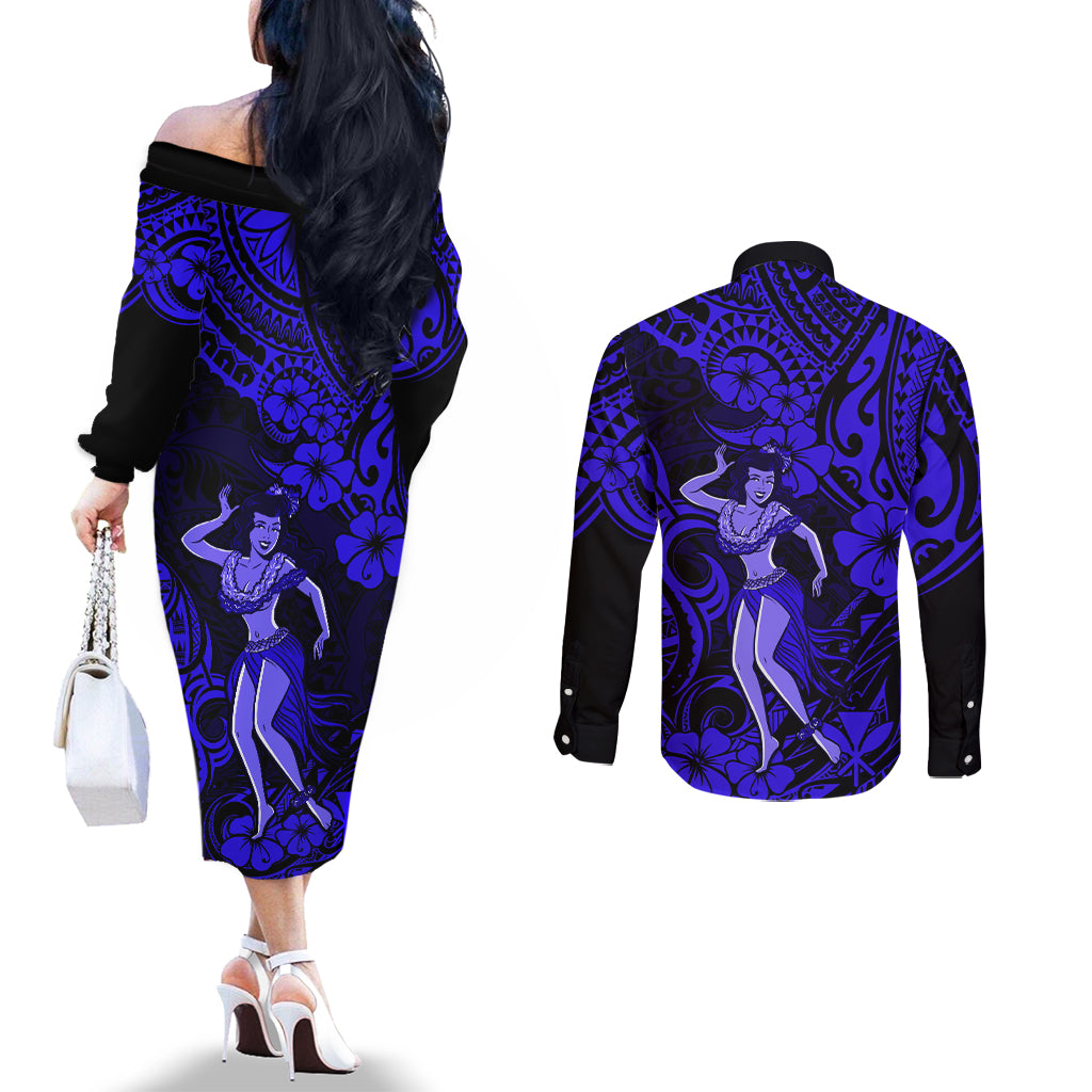 Hawaii Hula Girl Couples Matching Off The Shoulder Long Sleeve Dress and Long Sleeve Button Shirts Polynesian Pattern Navy Blue Version LT01 - Polynesian Pride