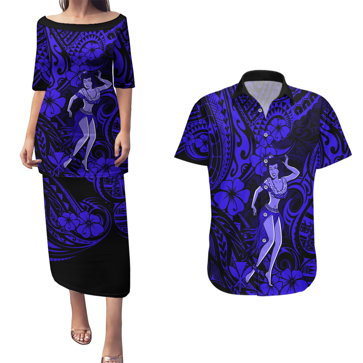 Hawaii Hula Girl Couples Matching Puletasi Dress and Hawaiian Shirt Polynesian Pattern Navy Blue Version LT01 Blue - Polynesian Pride