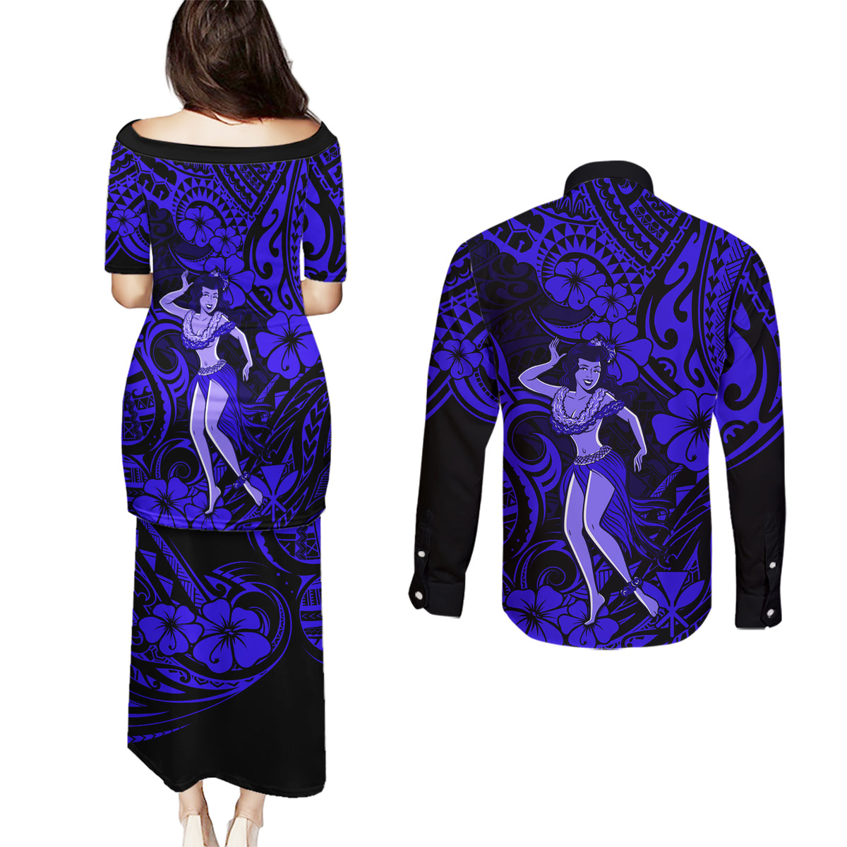 Hawaii Hula Girl Couples Matching Puletasi Dress and Long Sleeve Button Shirts Polynesian Pattern Navy Blue Version LT01 - Polynesian Pride