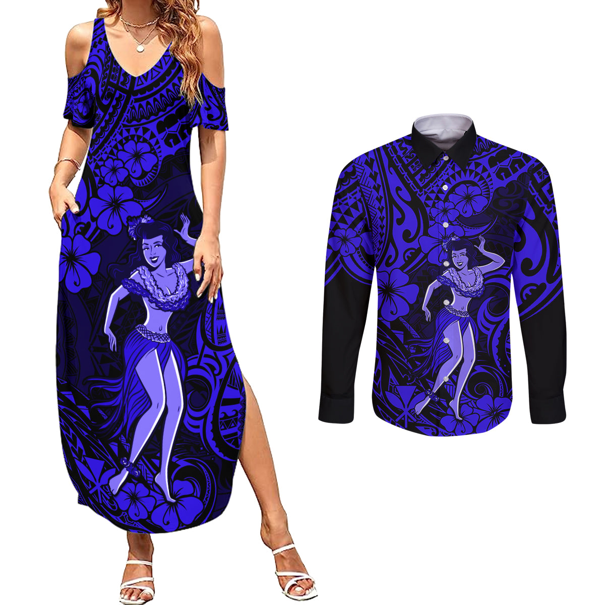 Hawaii Hula Girl Couples Matching Summer Maxi Dress and Long Sleeve Button Shirts Polynesian Pattern Navy Blue Version LT01 Blue - Polynesian Pride