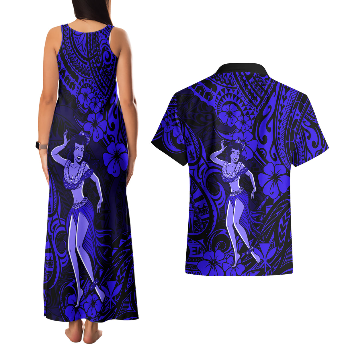 Hawaii Hula Girl Couples Matching Tank Maxi Dress and Hawaiian Shirt Polynesian Pattern Navy Blue Version LT01 - Polynesian Pride