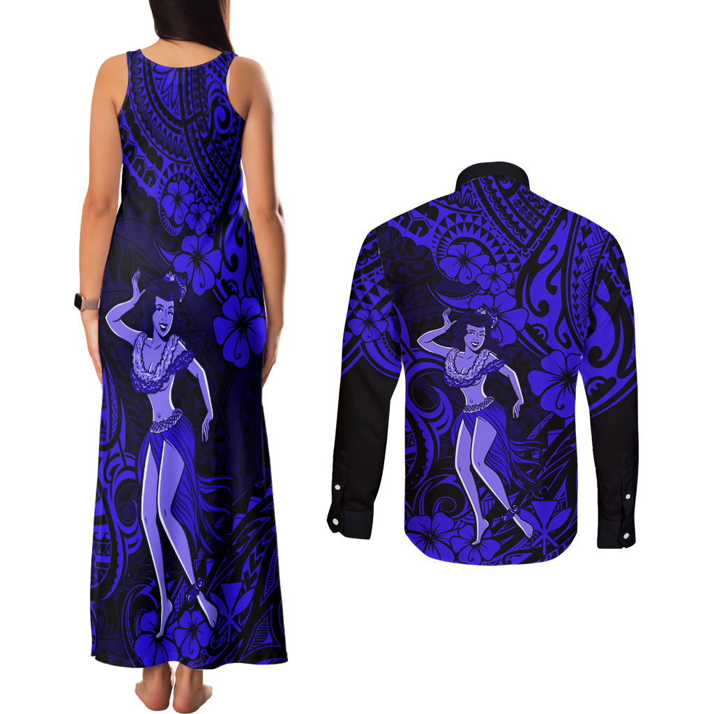 Hawaii Hula Girl Couples Matching Tank Maxi Dress and Long Sleeve Button Shirts Polynesian Pattern Navy Blue Version LT01 - Polynesian Pride