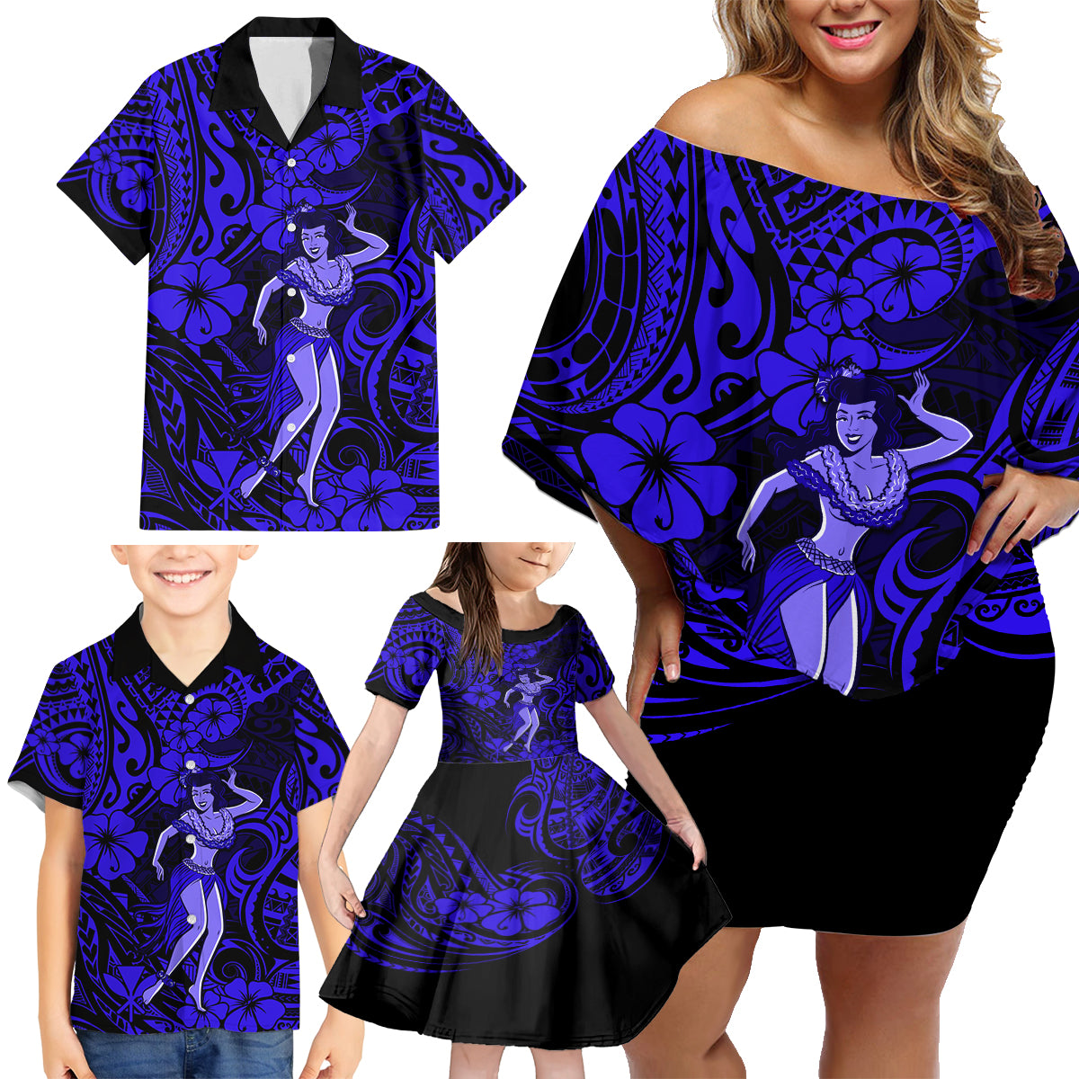 Hawaii Hula Girl Family Matching Off Shoulder Short Dress and Hawaiian Shirt Polynesian Pattern Navy Blue Version LT01 - Polynesian Pride