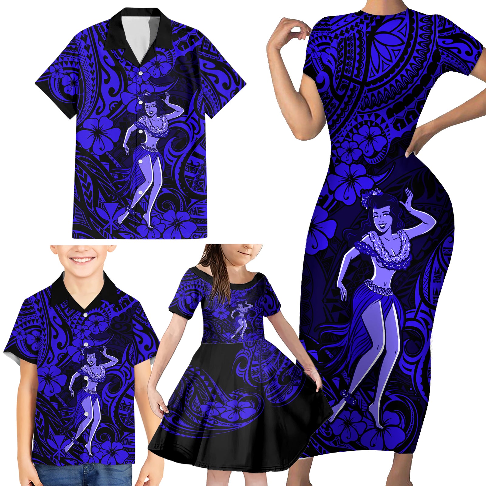 Hawaii Hula Girl Family Matching Short Sleeve Bodycon Dress and Hawaiian Shirt Polynesian Pattern Navy Blue Version LT01 - Polynesian Pride