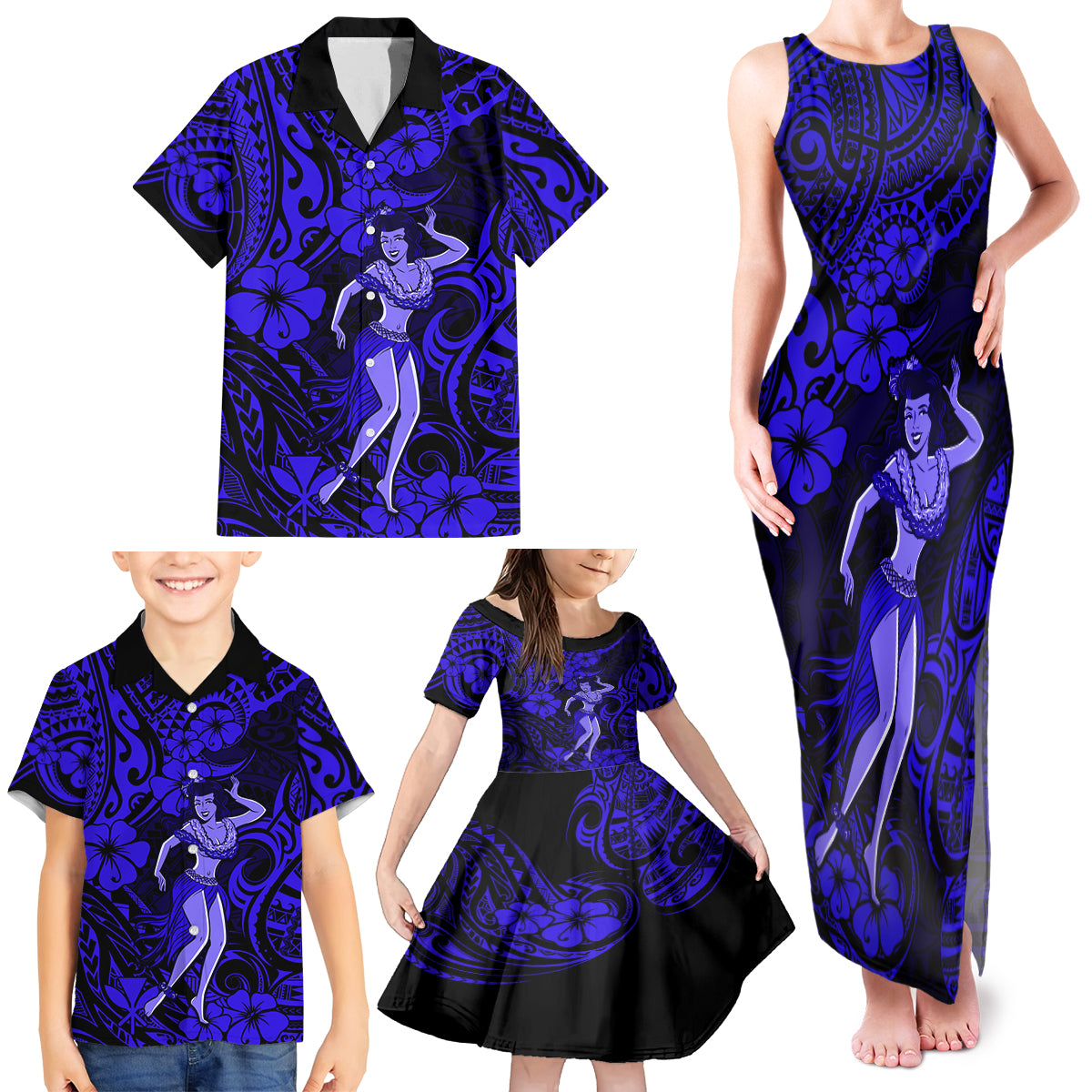 Hawaii Hula Girl Family Matching Tank Maxi Dress and Hawaiian Shirt Polynesian Pattern Navy Blue Version LT01 - Polynesian Pride