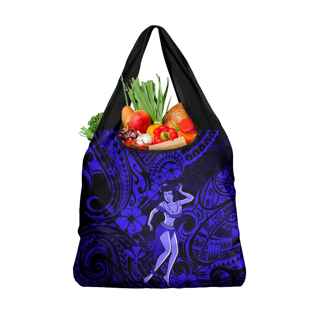 Hawaii Hula Girl Grocery Bag Polynesian Pattern Navy Blue Version