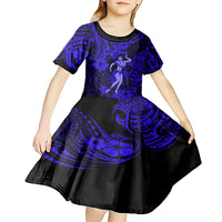 Hawaii Hula Girl Kid Short Sleeve Dress Polynesian Pattern Navy Blue Version LT01 - Polynesian Pride