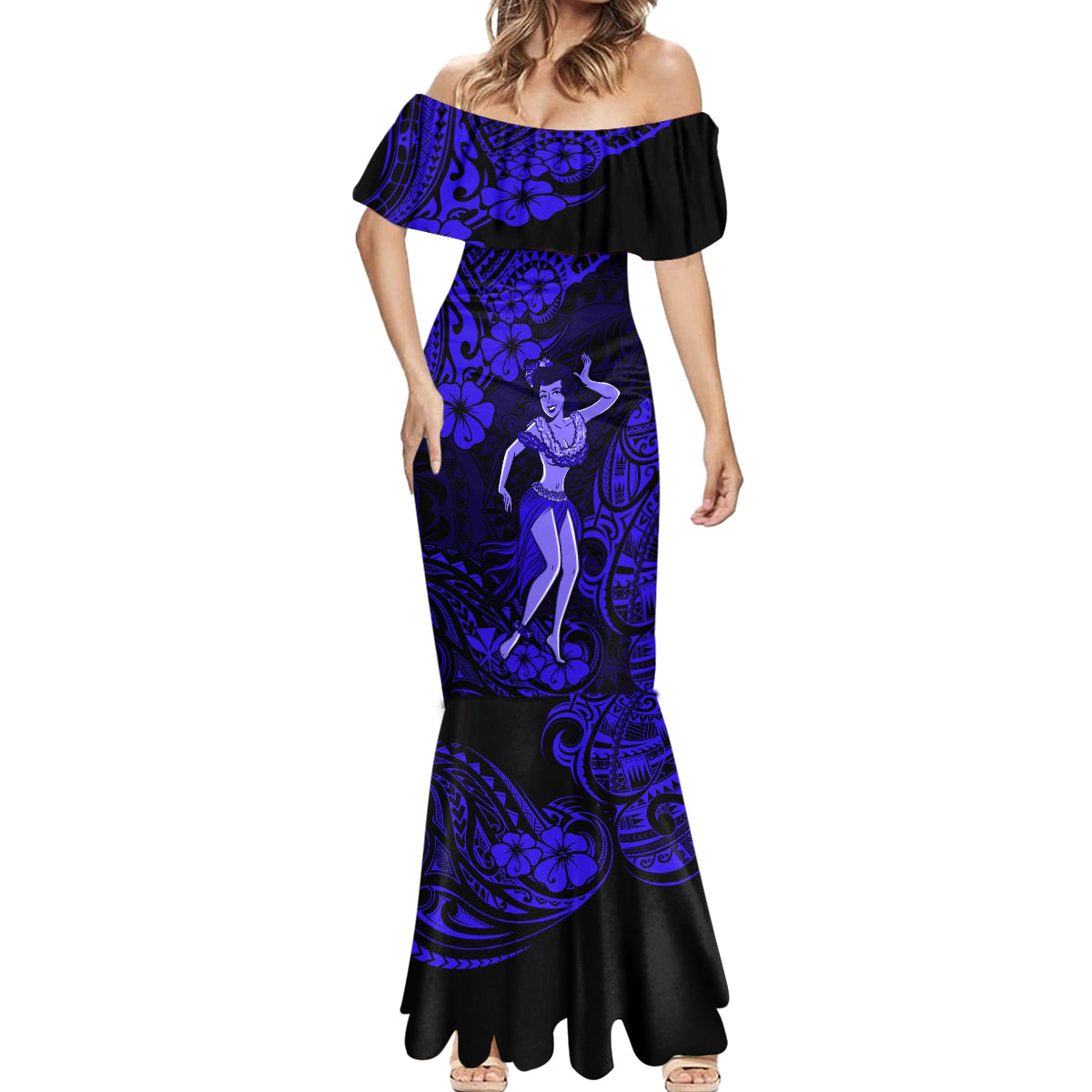 Hawaii Hula Girl Mermaid Dress Polynesian Pattern Navy Blue Version LT01 - Polynesian Pride