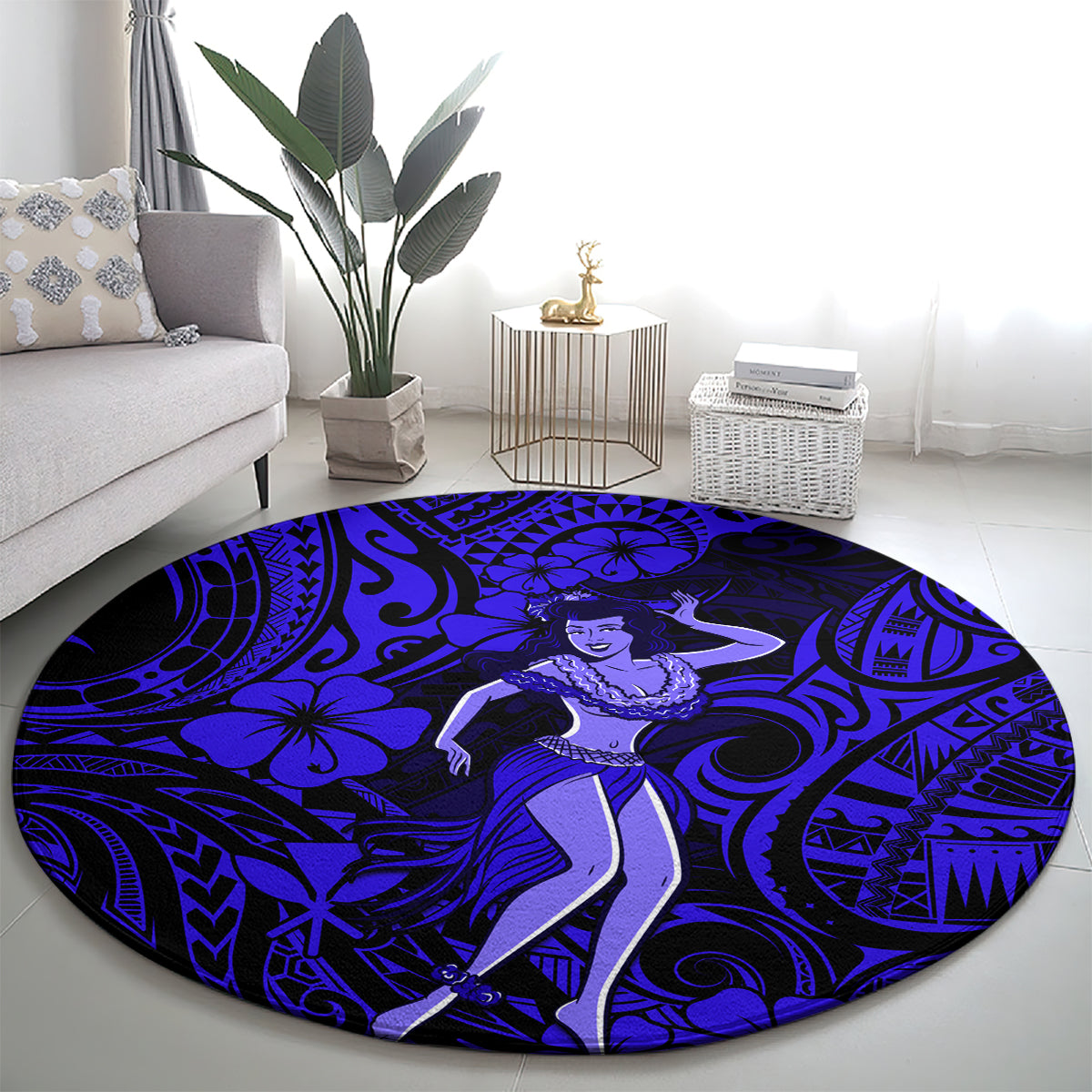Hawaii Hula Girl Round Carpet Polynesian Pattern Navy Blue Version LT01 - Polynesian Pride