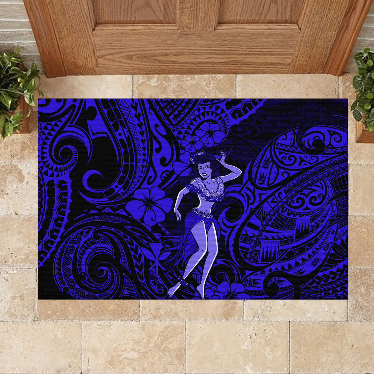 Hawaii Hula Girl Rubber Doormat Polynesian Pattern Navy Blue Version LT01 - Polynesian Pride