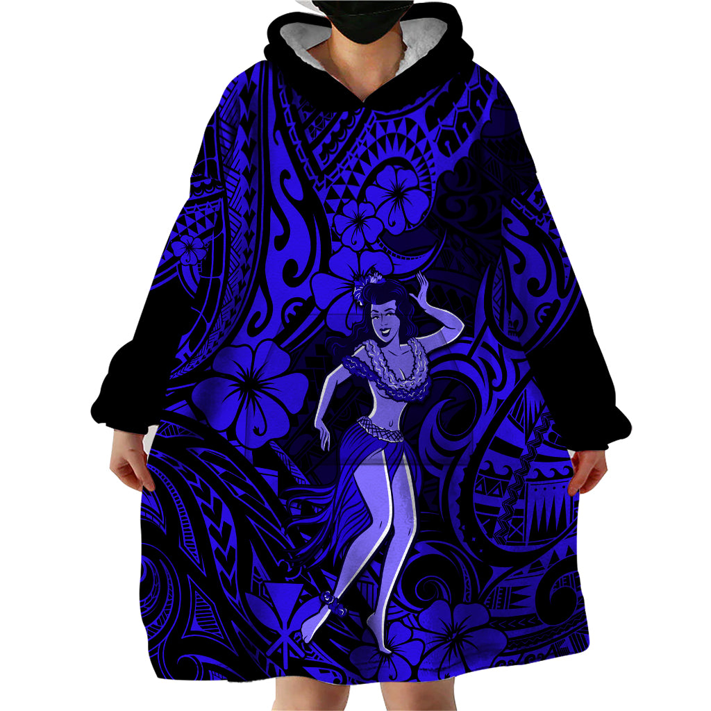 Hawaii Hula Girl Wearable Blanket Hoodie Polynesian Pattern Navy Blue Version LT01 - Polynesian Pride