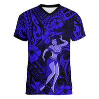 Hawaii Hula Girl Women V Neck T Shirt Polynesian Pattern Navy Blue Version LT01 Female Blue - Polynesian Pride