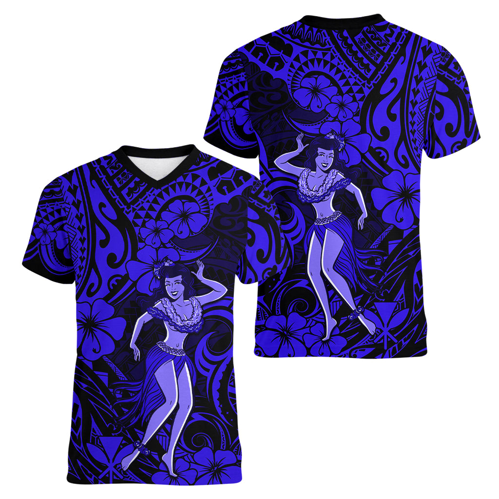 Hawaii Hula Girl Women V Neck T Shirt Polynesian Pattern Navy Blue Version LT01 - Polynesian Pride