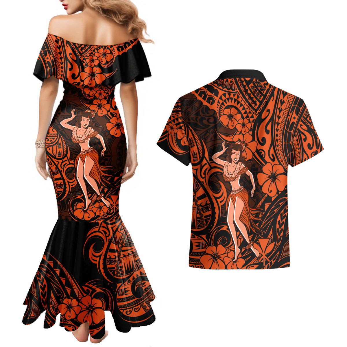 Hawaii Hula Girl Couples Matching Mermaid Dress and Hawaiian Shirt Polynesian Pattern Orange Version LT01 - Polynesian Pride