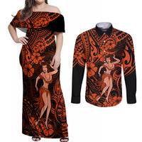 Hawaii Hula Girl Couples Matching Off Shoulder Maxi Dress and Long Sleeve Button Shirts Polynesian Pattern Orange Version LT01 Orange - Polynesian Pride