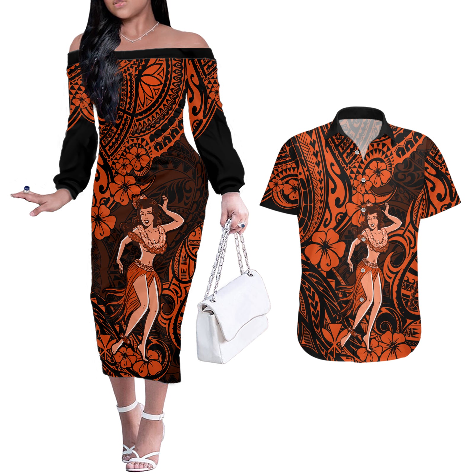 Hawaii Hula Girl Couples Matching Off The Shoulder Long Sleeve Dress and Hawaiian Shirt Polynesian Pattern Orange Version LT01 Orange - Polynesian Pride
