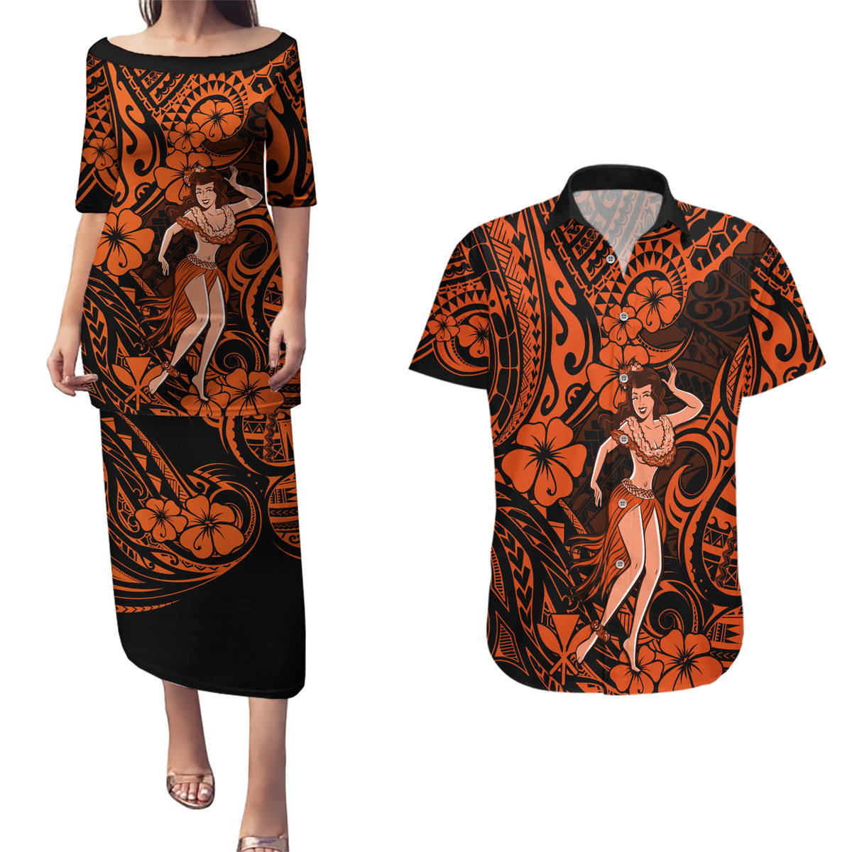 Hawaii Hula Girl Couples Matching Puletasi Dress and Hawaiian Shirt Polynesian Pattern Orange Version LT01 Orange - Polynesian Pride
