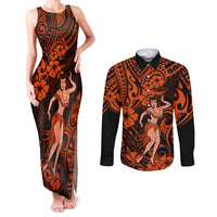 Hawaii Hula Girl Couples Matching Tank Maxi Dress and Long Sleeve Button Shirts Polynesian Pattern Orange Version LT01 Orange - Polynesian Pride