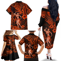 Hawaii Hula Girl Family Matching Off Shoulder Long Sleeve Dress and Hawaiian Shirt Polynesian Pattern Orange Version LT01 - Polynesian Pride