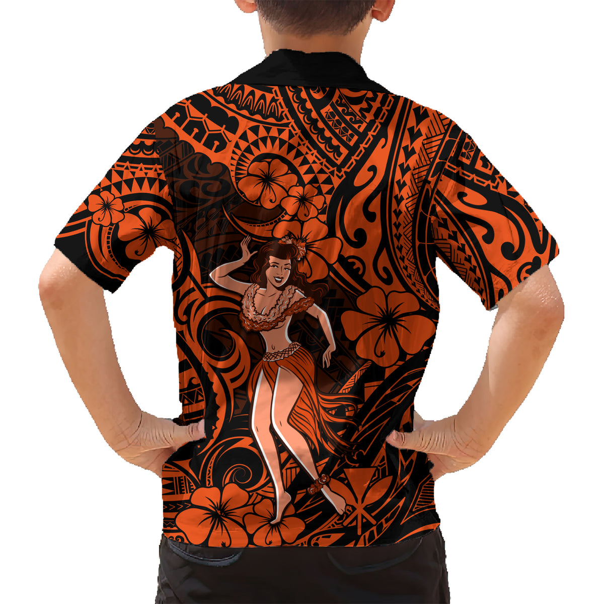 Hawaii Hula Girl Kid Hawaiian Shirt Polynesian Pattern Orange Version LT01 - Polynesian Pride