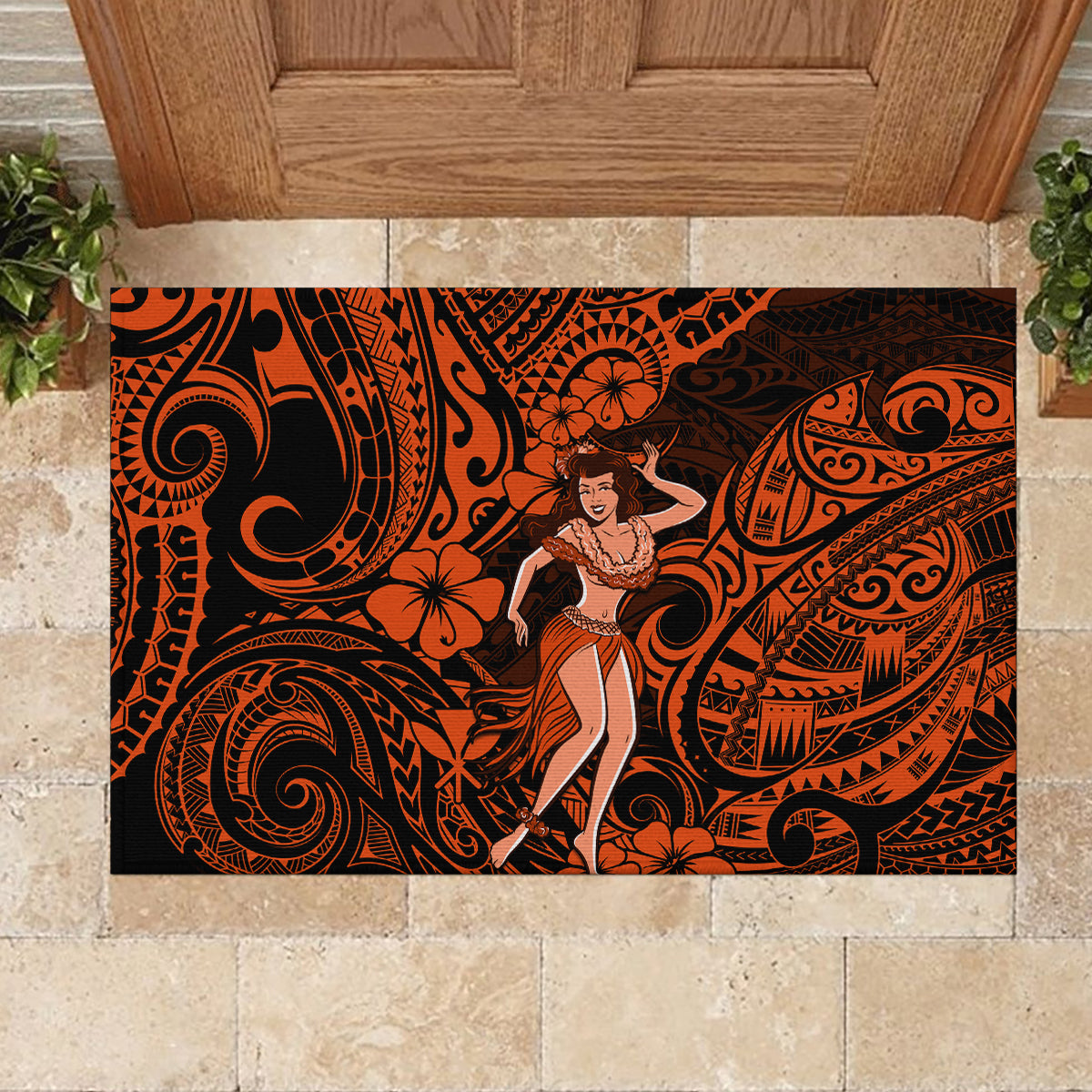 Hawaii Hula Girl Rubber Doormat Polynesian Pattern Orange Version LT01 - Polynesian Pride