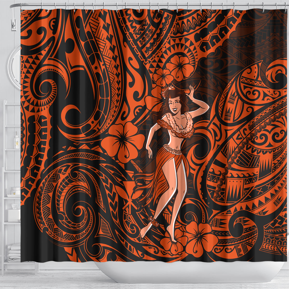 Hawaii Hula Girl Shower Curtain Polynesian Pattern Orange Version LT01 - Polynesian Pride