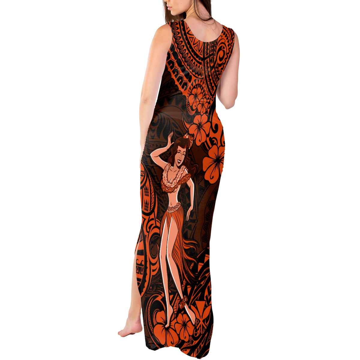 Hawaii Hula Girl Tank Maxi Dress Polynesian Pattern Orange Version LT01 - Polynesian Pride