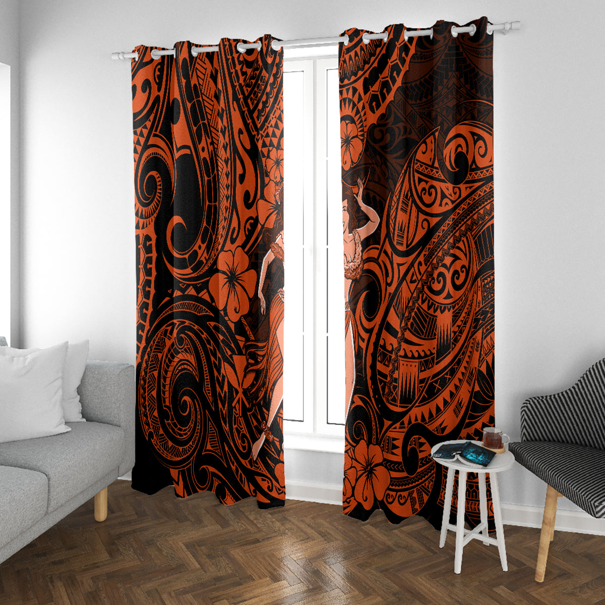 Hawaii Hula Girl Window Curtain Polynesian Pattern Orange Version LT01 Grommets Orange - Polynesian Pride