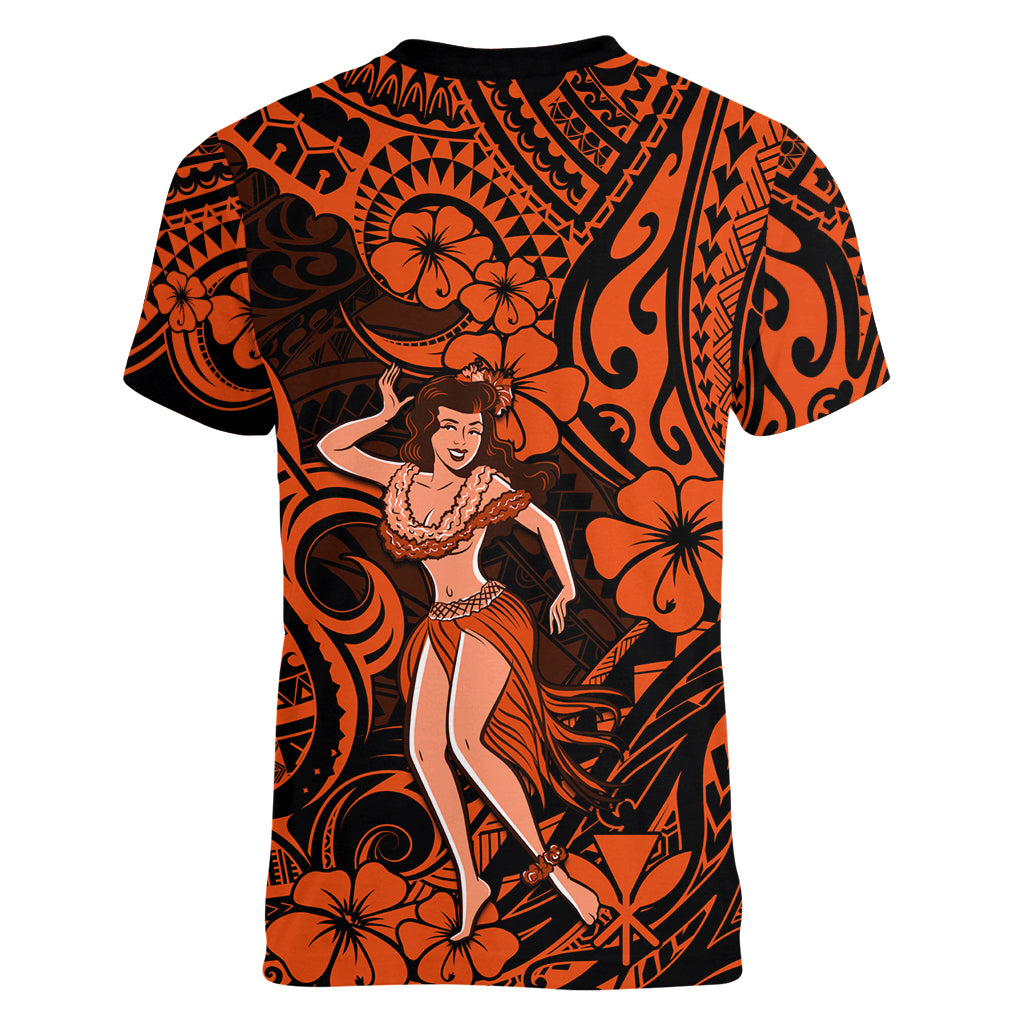 Hawaii Hula Girl Women V Neck T Shirt Polynesian Pattern Orange Version LT01 - Polynesian Pride
