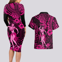 Hawaii Hula Girl Couples Matching Long Sleeve Bodycon Dress and Hawaiian Shirt Polynesian Pattern Pink Version LT01 - Polynesian Pride