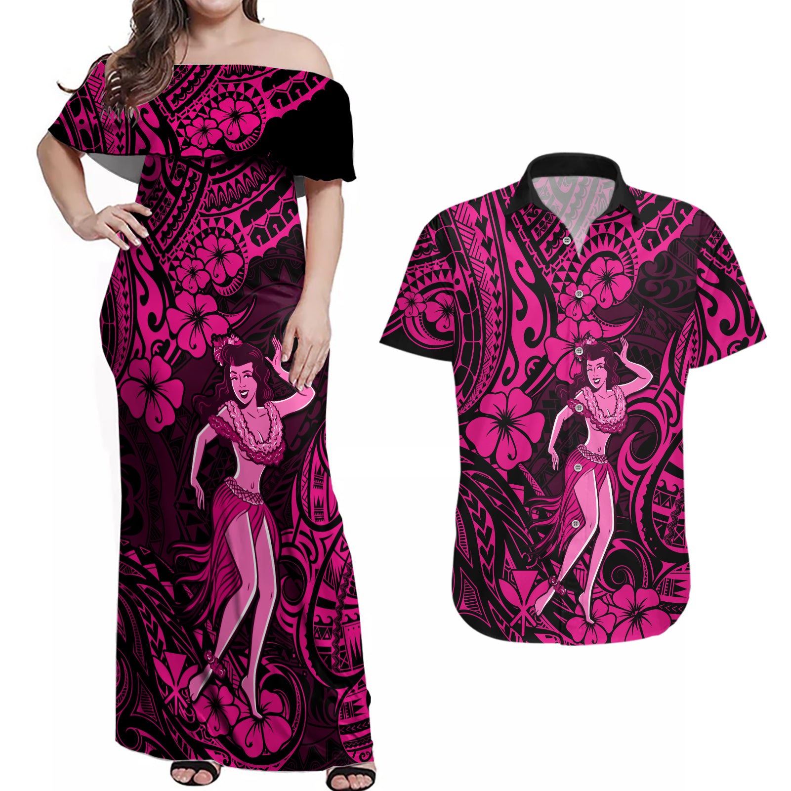 Hawaii Hula Girl Couples Matching Off Shoulder Maxi Dress and Hawaiian Shirt Polynesian Pattern Pink Version LT01 Pink - Polynesian Pride