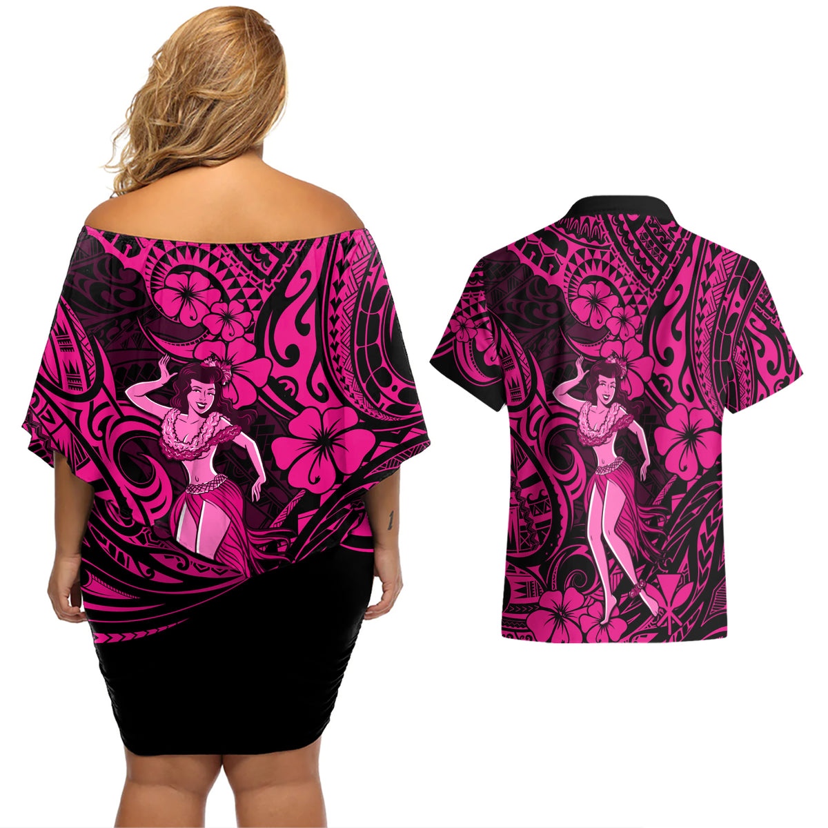 Hawaii Hula Girl Couples Matching Off Shoulder Short Dress and Hawaiian Shirt Polynesian Pattern Pink Version LT01 - Polynesian Pride