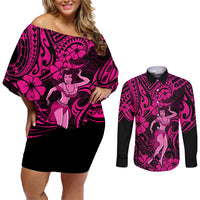 Hawaii Hula Girl Couples Matching Off Shoulder Short Dress and Long Sleeve Button Shirts Polynesian Pattern Pink Version LT01 Pink - Polynesian Pride