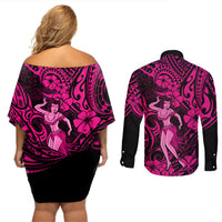 Hawaii Hula Girl Couples Matching Off Shoulder Short Dress and Long Sleeve Button Shirts Polynesian Pattern Pink Version LT01 - Polynesian Pride
