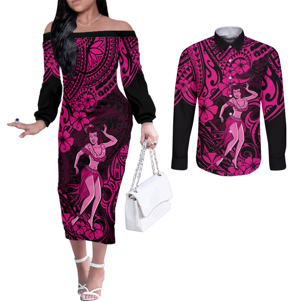 Hawaii Hula Girl Couples Matching Off The Shoulder Long Sleeve Dress and Long Sleeve Button Shirts Polynesian Pattern Pink Version LT01 Pink - Polynesian Pride