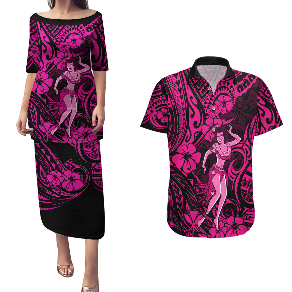 Hawaii Hula Girl Couples Matching Puletasi Dress and Hawaiian Shirt Polynesian Pattern Pink Version LT01 Pink - Polynesian Pride